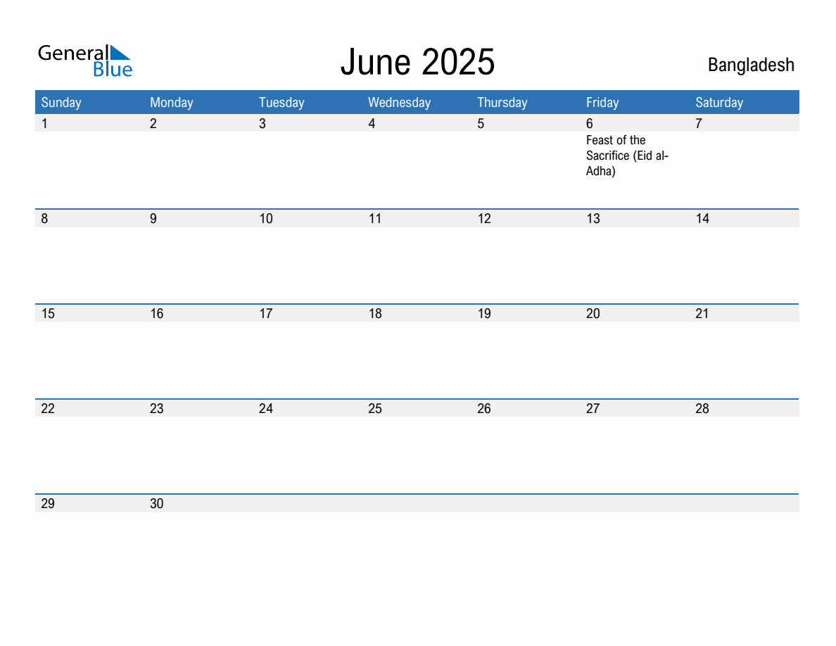 Editable June 2025 Calendar with Bangladesh Holidays