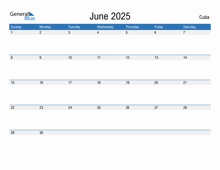 Editable June 2025 Calendar with Cuba Holidays