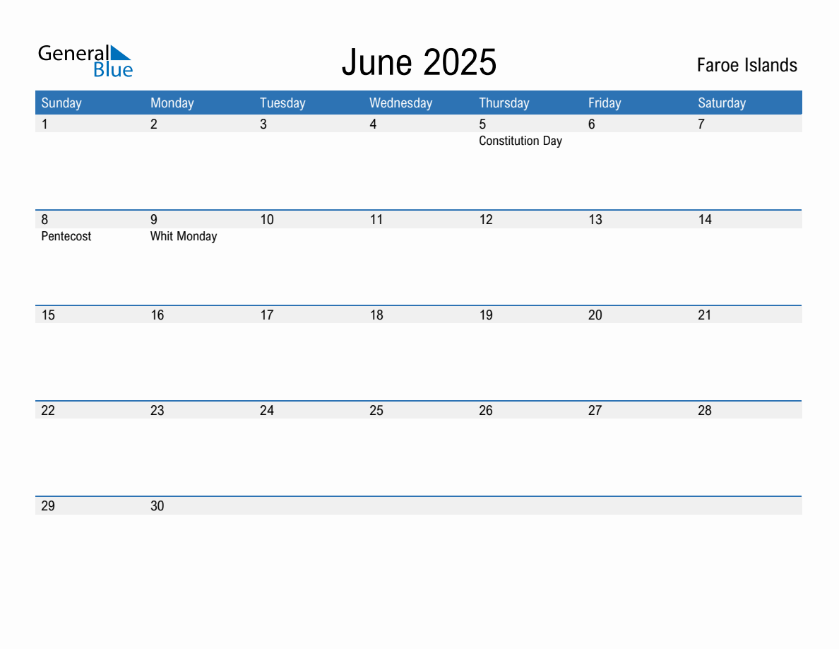 Editable June 2025 Calendar with Faroe Islands Holidays