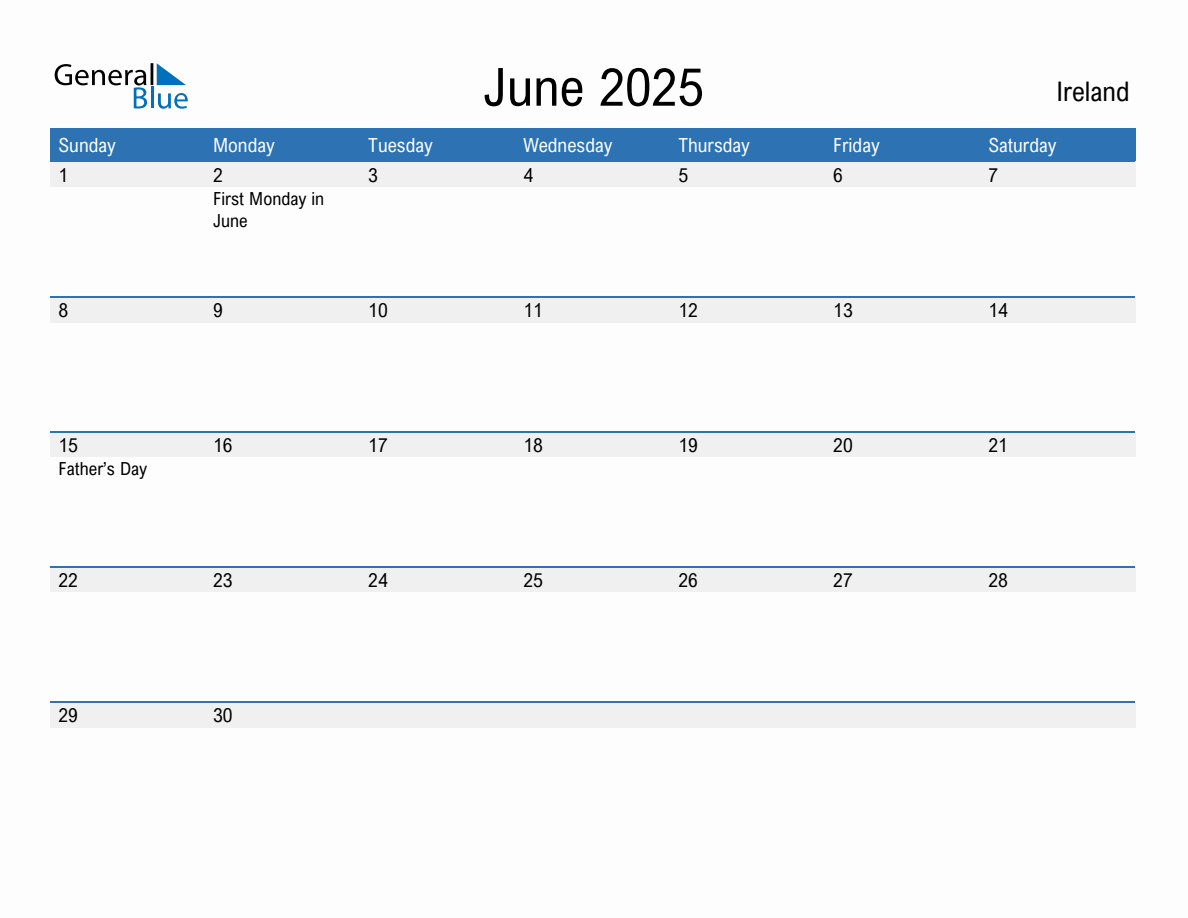 June 2025 Calendar with Ireland Holidays