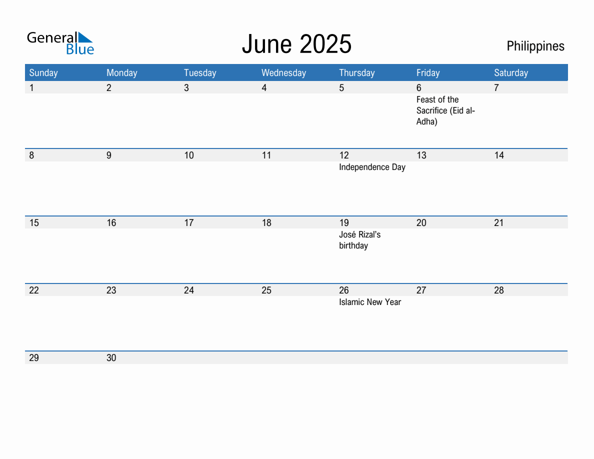 Editable June 2025 Calendar with Philippines Holidays