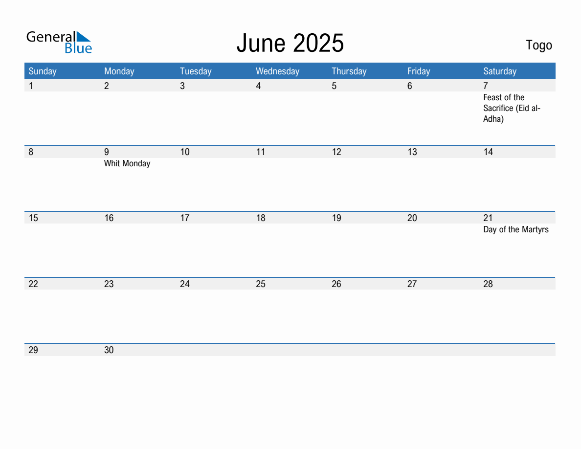 Editable June 2025 Calendar with Togo Holidays