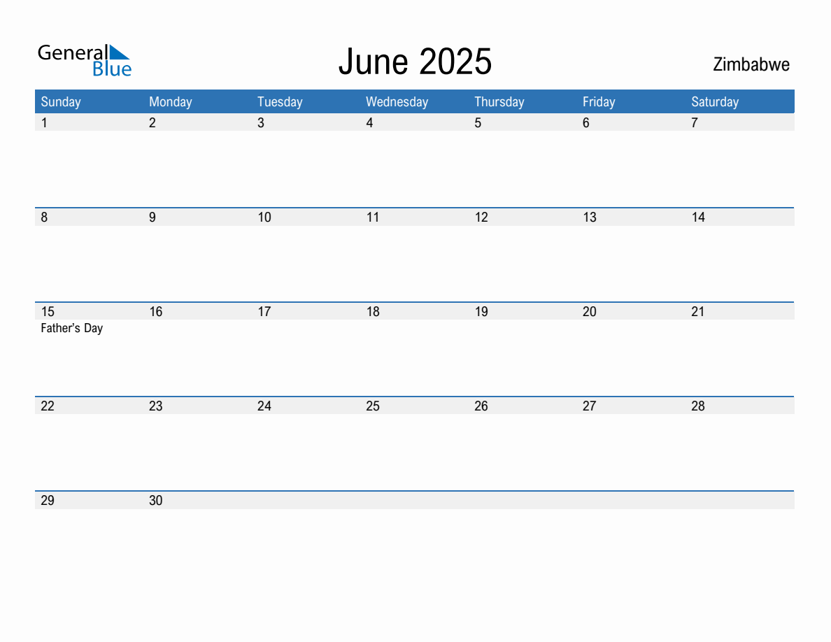 June 2025 Monthly Calendar with Zimbabwe Holidays