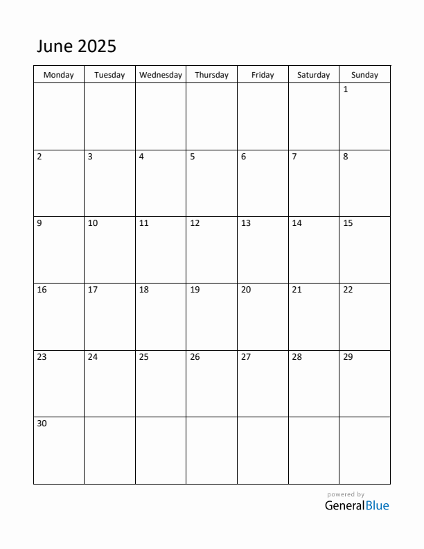 Monday Start Calendar for June 2025
