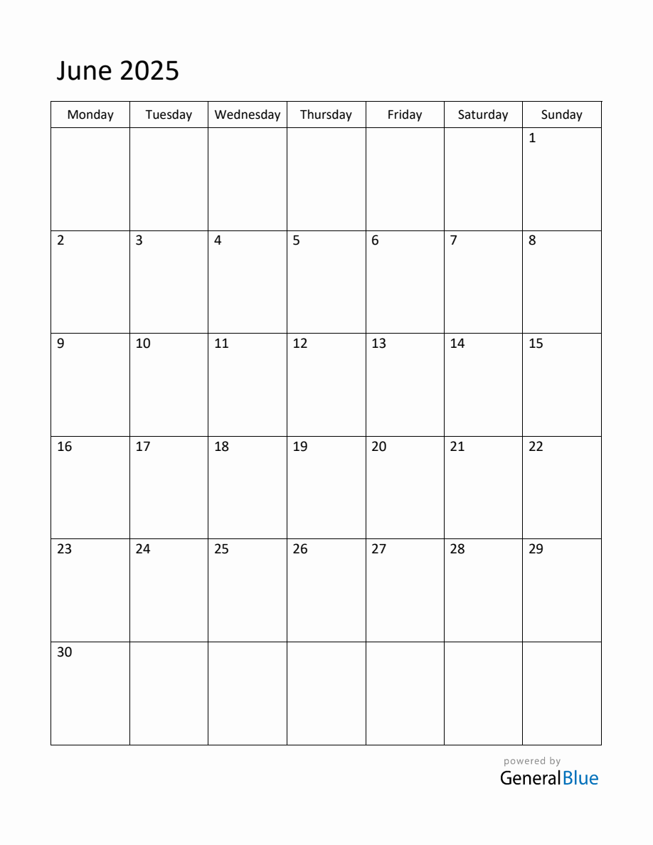 Editable June 2025 Monthly Calendar