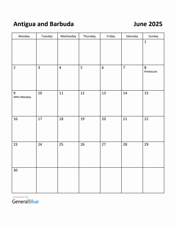 June 2025 Calendar with Antigua and Barbuda Holidays