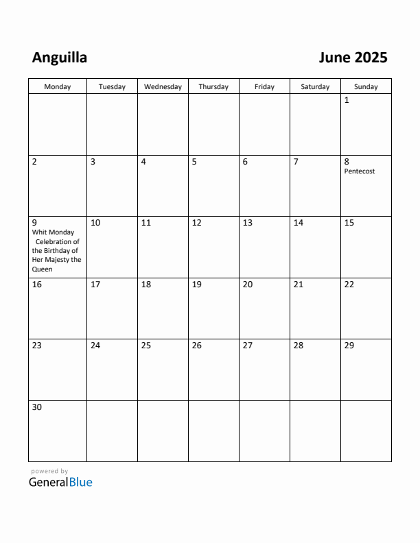 June 2025 Calendar with Anguilla Holidays