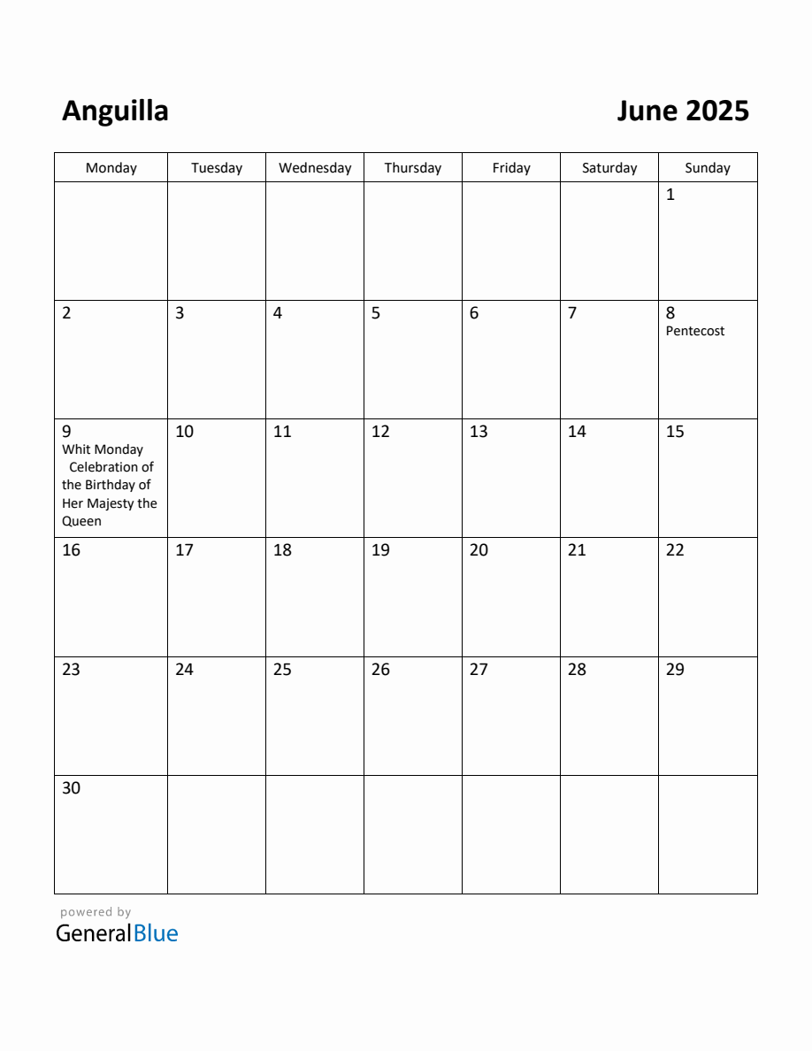 Free Printable June 2025 Calendar for Anguilla
