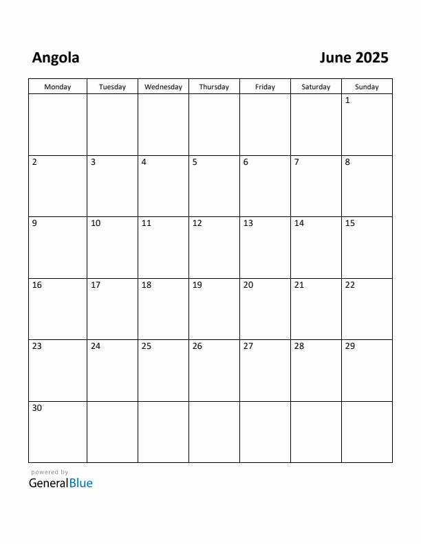 June 2025 Calendar with Angola Holidays