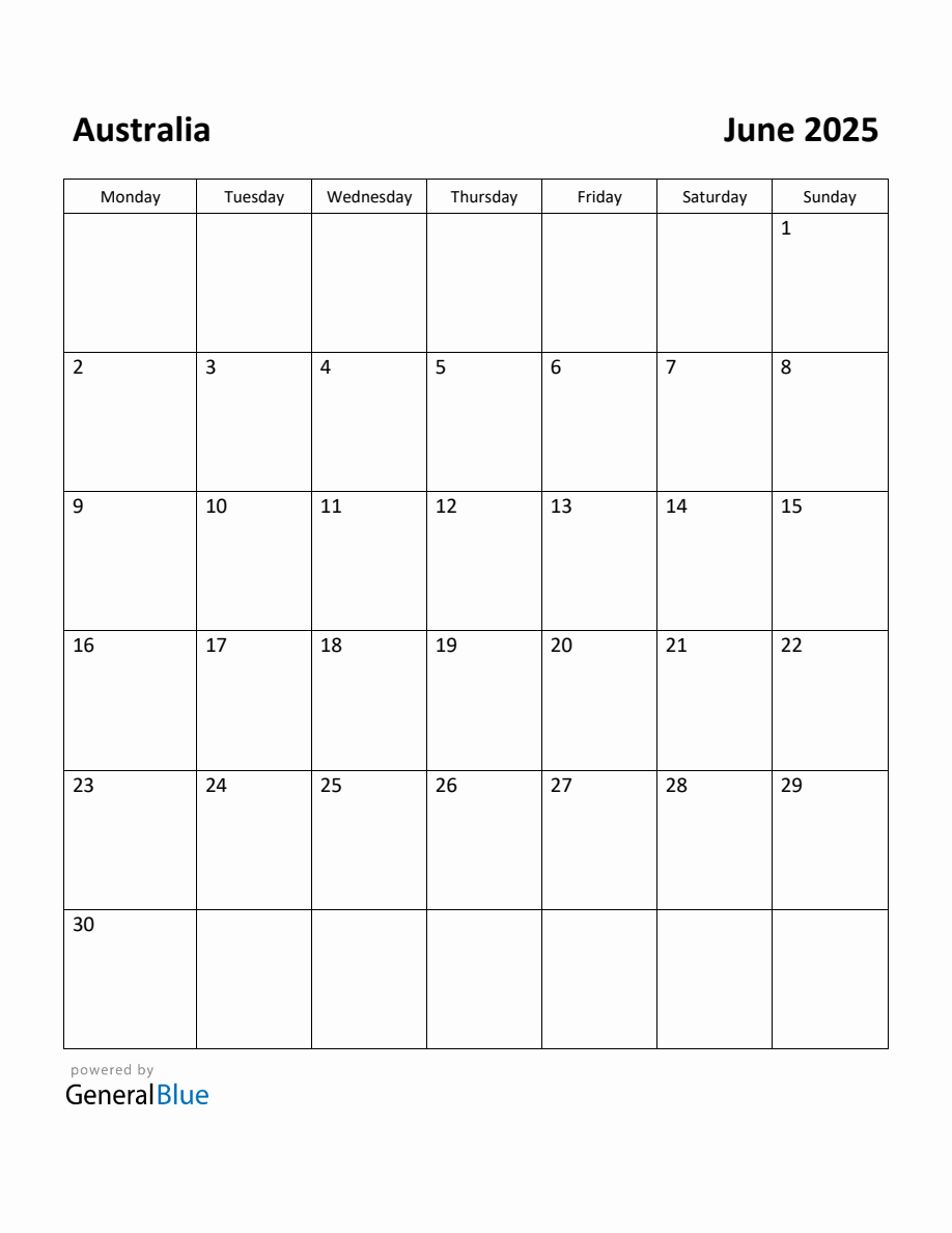 Free Printable June 2025 Calendar for Australia