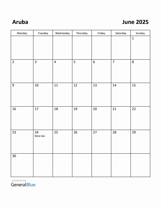 June 2025 Calendar with Aruba Holidays