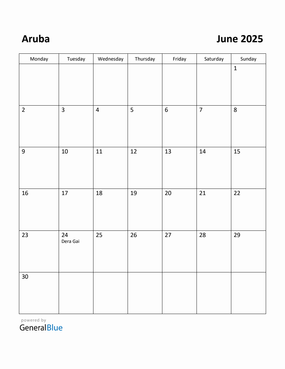 Free Printable June 2025 Calendar for Aruba