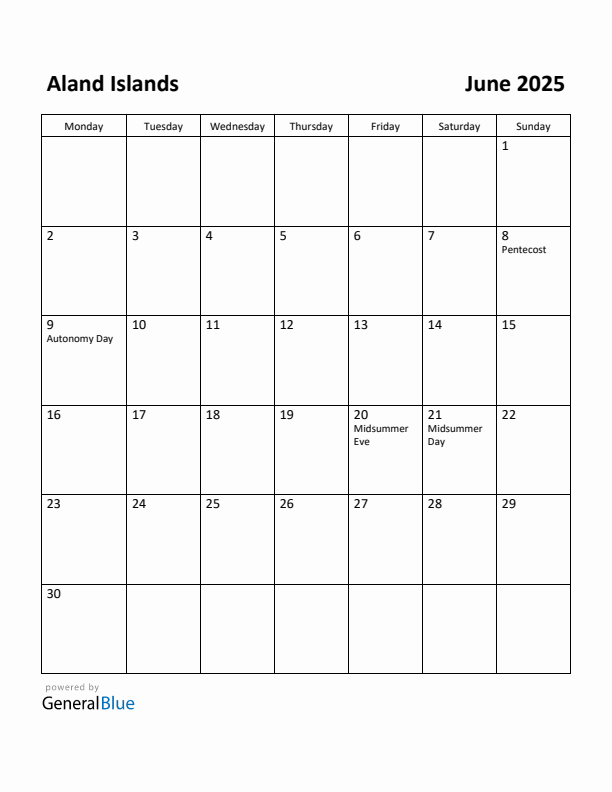 June 2025 Calendar with Aland Islands Holidays