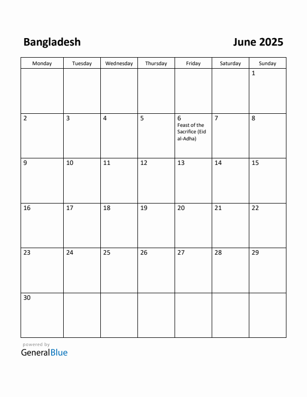 Free Printable June 2025 Calendar for Bangladesh