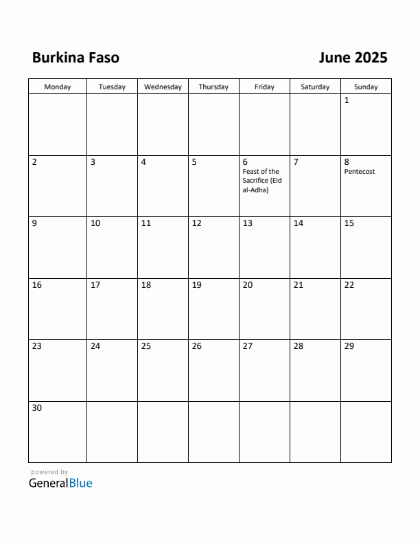 June 2025 Calendar with Burkina Faso Holidays