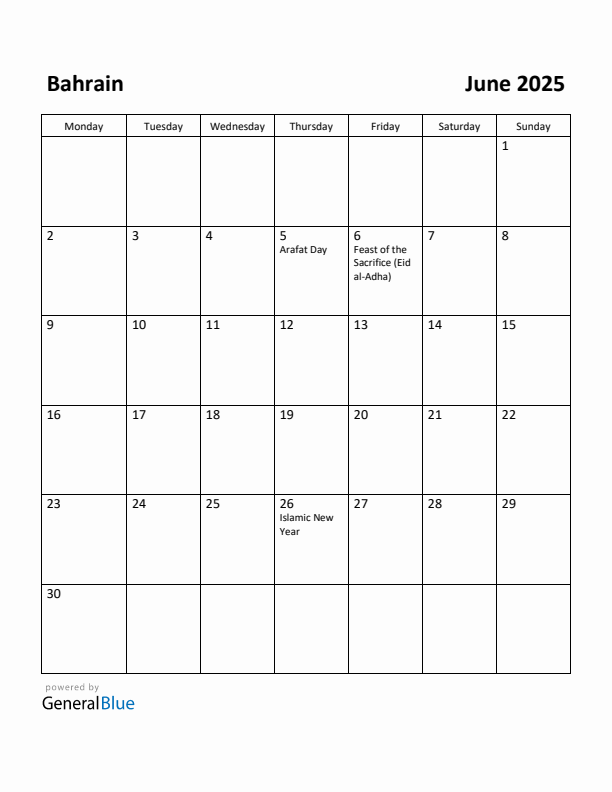 June 2025 Calendar with Bahrain Holidays