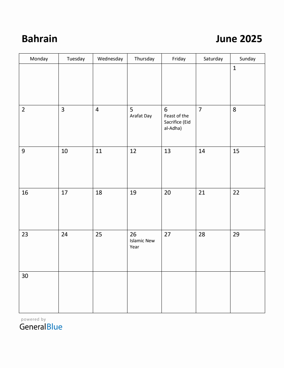 Free Printable June 2025 Calendar for Bahrain