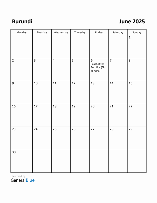 June 2025 Calendar with Burundi Holidays