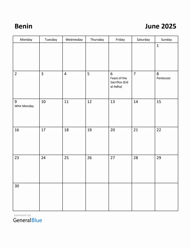 June 2025 Calendar with Benin Holidays