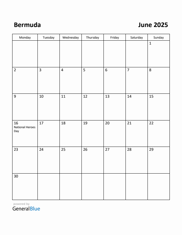 June 2025 Calendar with Bermuda Holidays