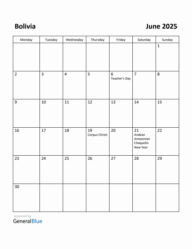 June 2025 Calendar with Bolivia Holidays