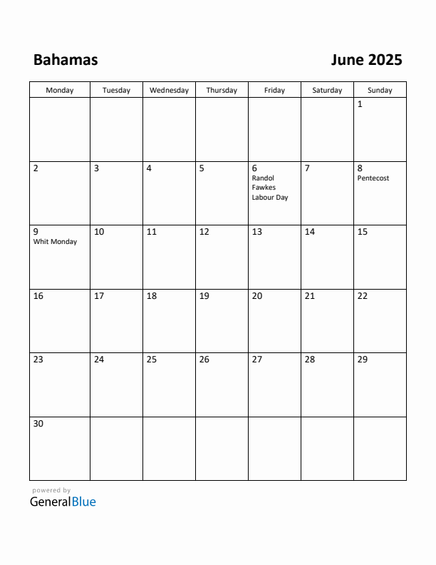 June 2025 Calendar with Bahamas Holidays