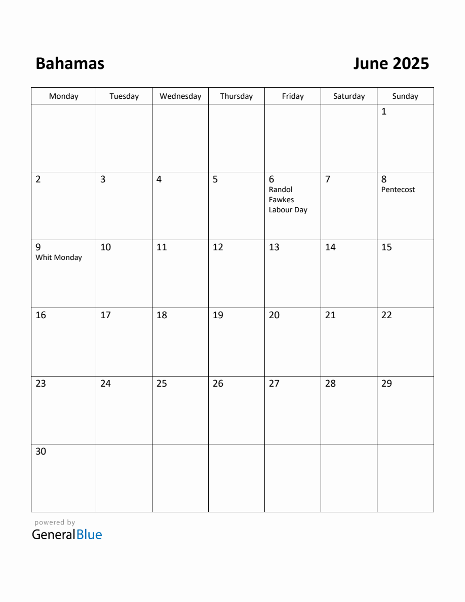 Free Printable June 2025 Calendar for Bahamas