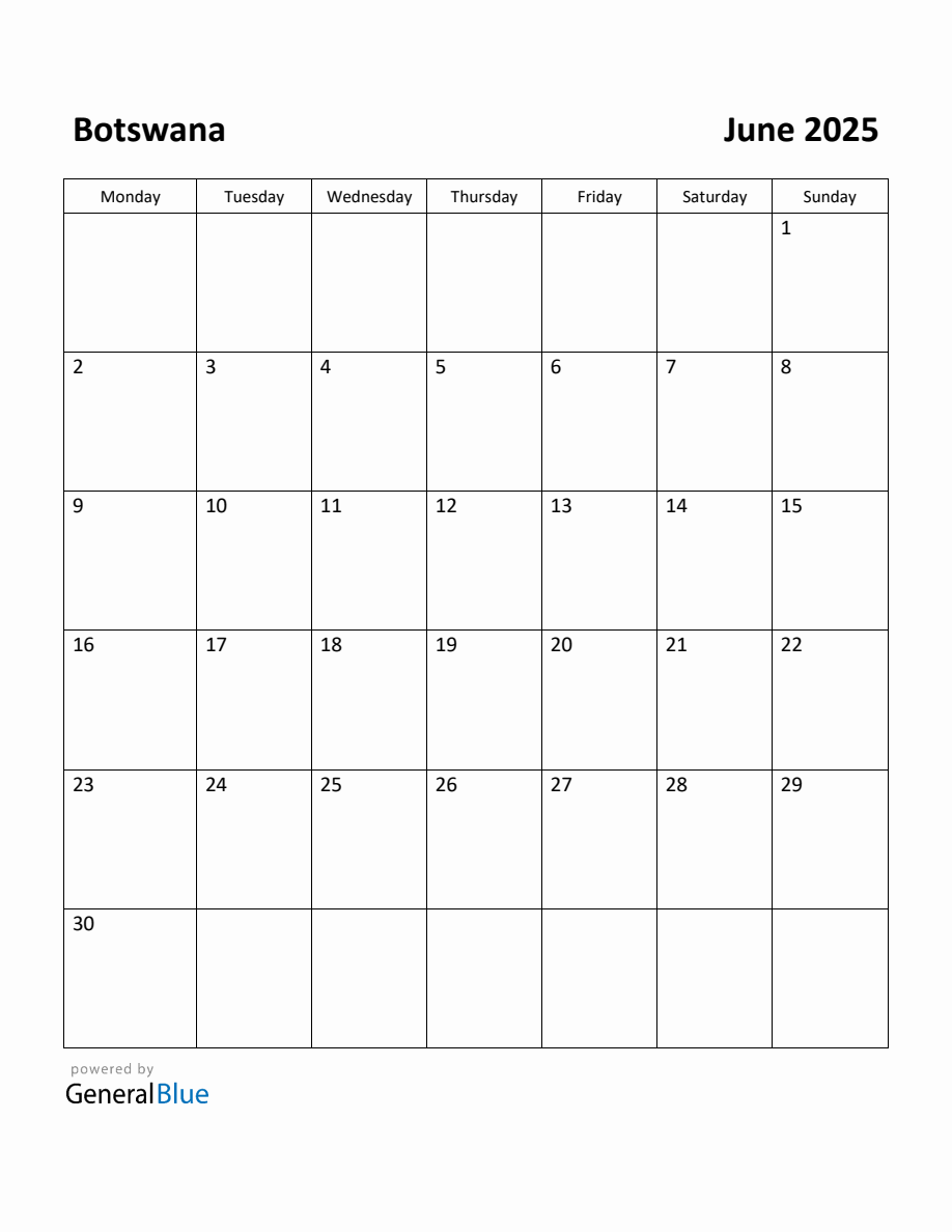 Free Printable June 2025 Calendar for Botswana