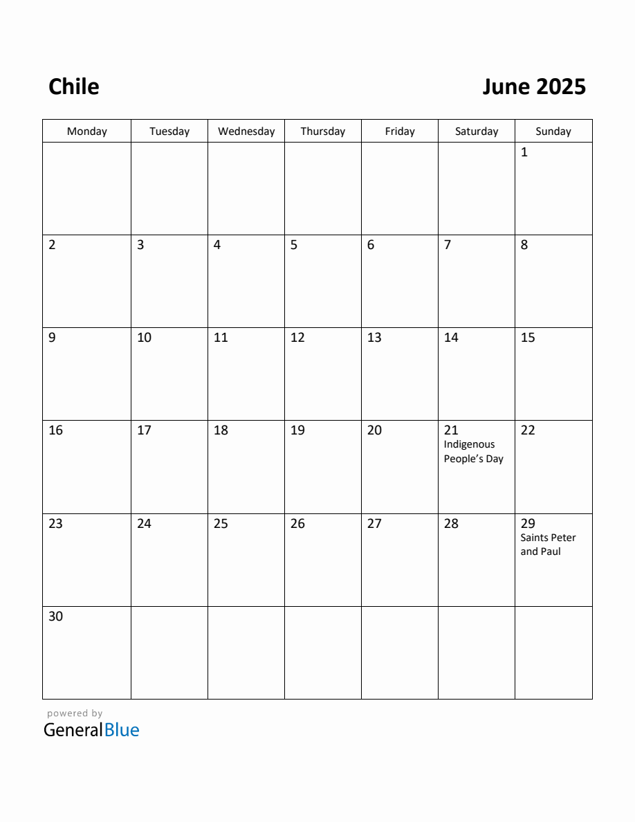 Free Printable June 2025 Calendar for Chile