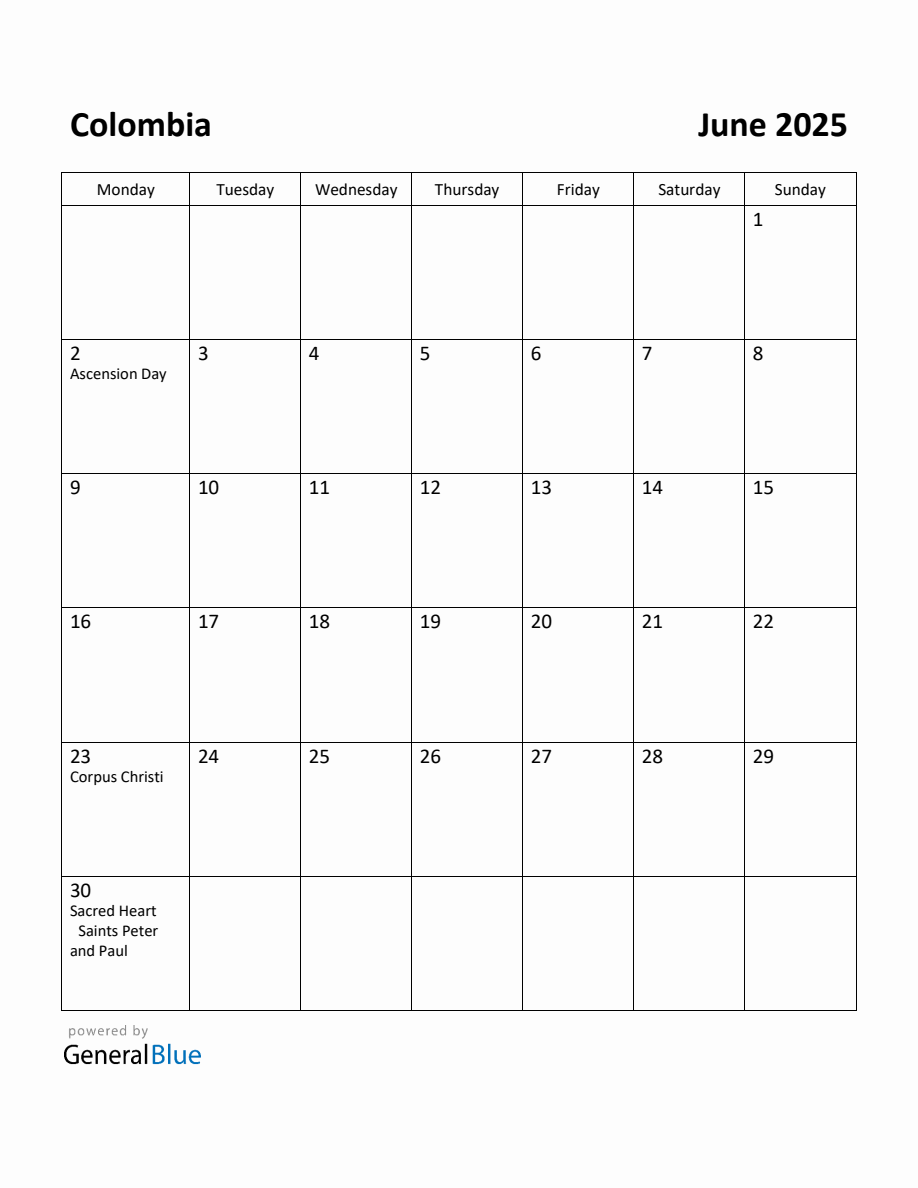 Free Printable June 2025 Calendar for Colombia