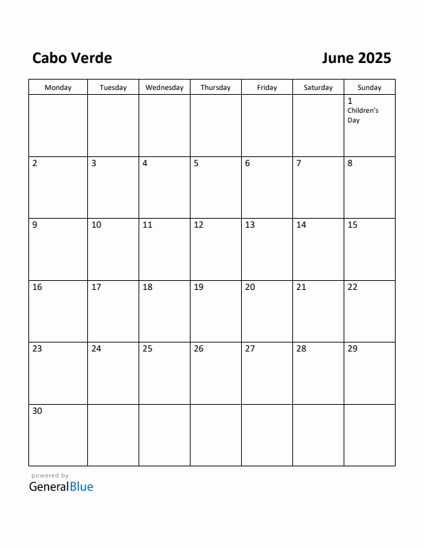 June 2025 Calendar with Cabo Verde Holidays