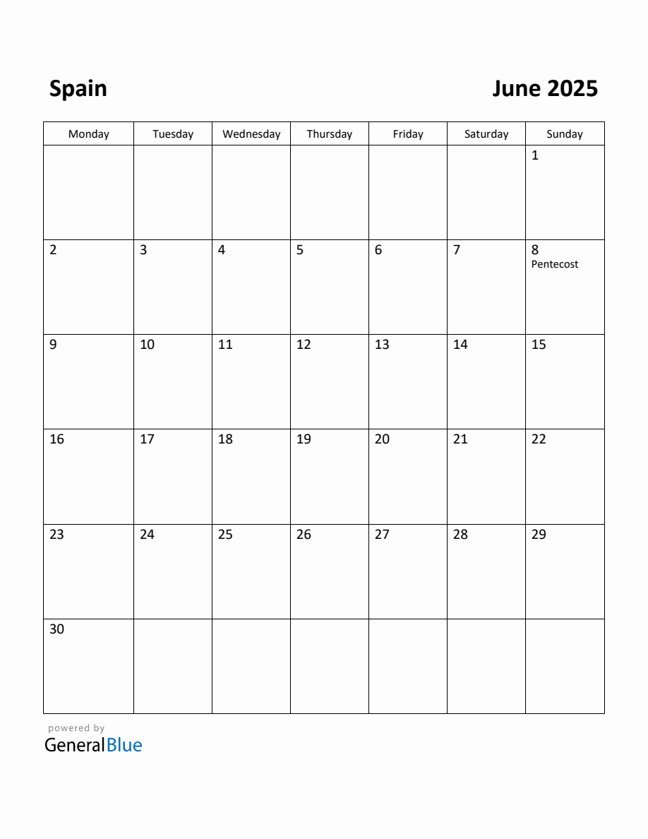 Free Printable June 2025 Calendar for Spain