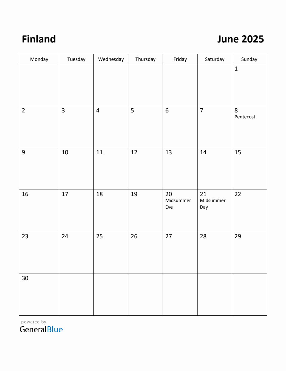 Free Printable June 2025 Calendar for Finland