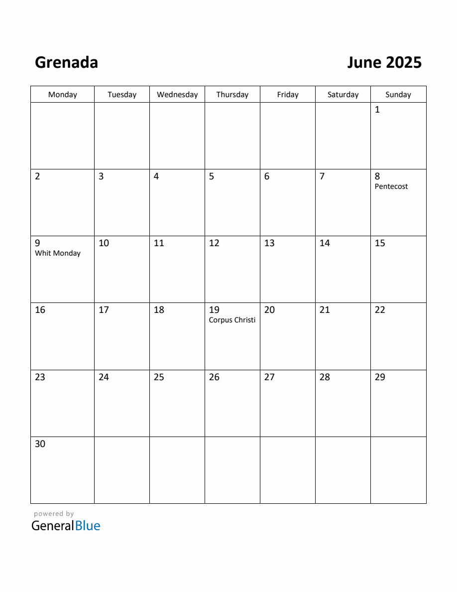 Free Printable June 2025 Calendar for Grenada