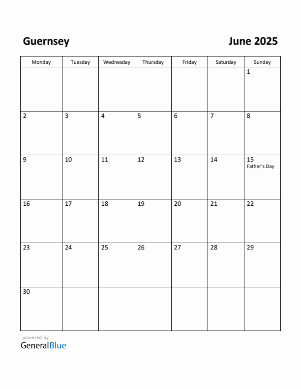 June 2025 Calendar with Guernsey Holidays
