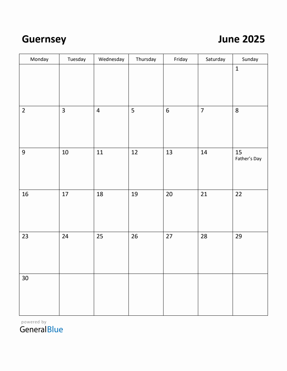 Free Printable June 2025 Calendar for Guernsey