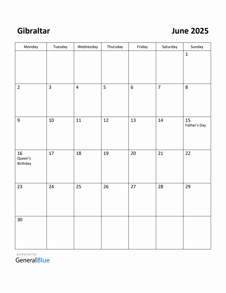 Free Printable June 2025 Calendar for Gibraltar