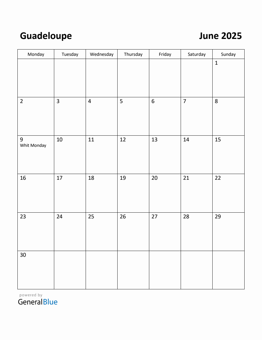 Free Printable June 2025 Calendar for Guadeloupe