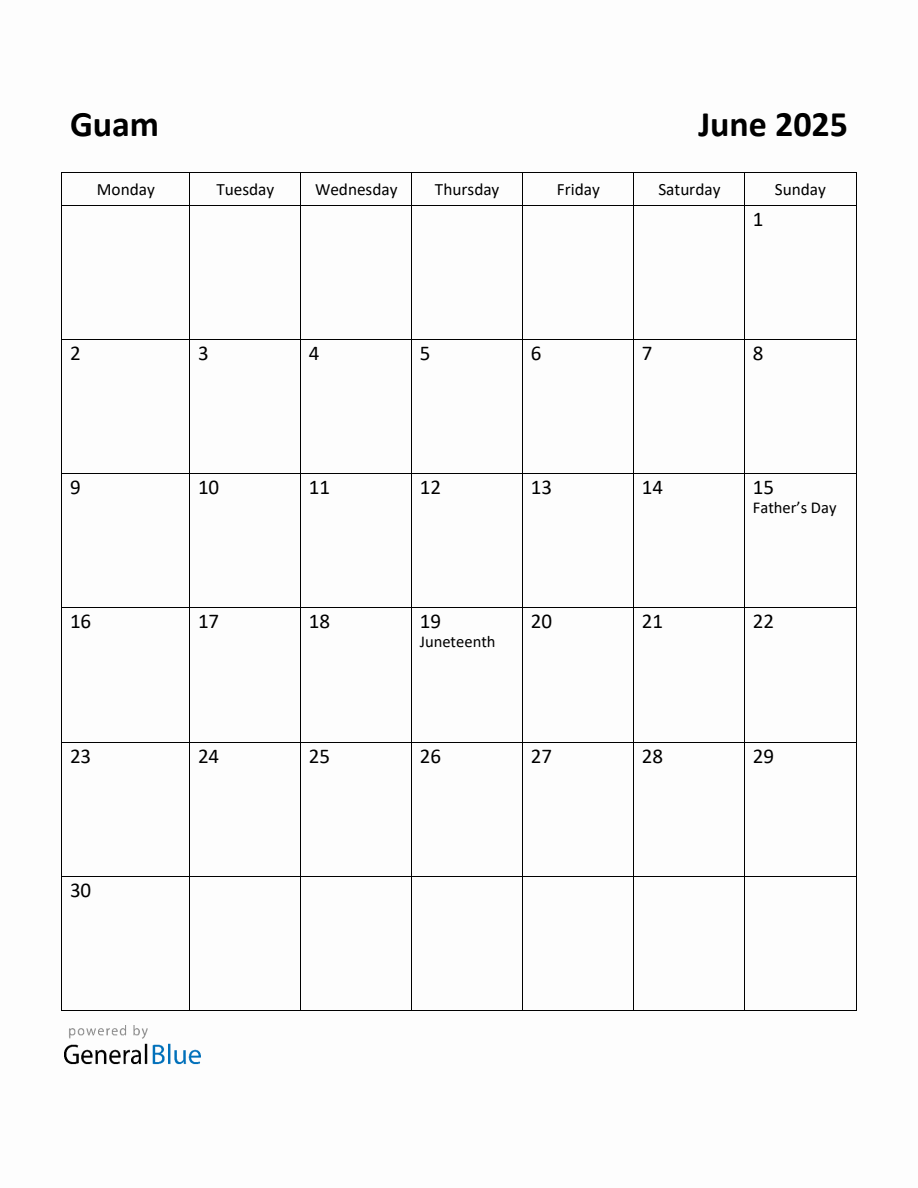 Free Printable June 2025 Calendar for Guam