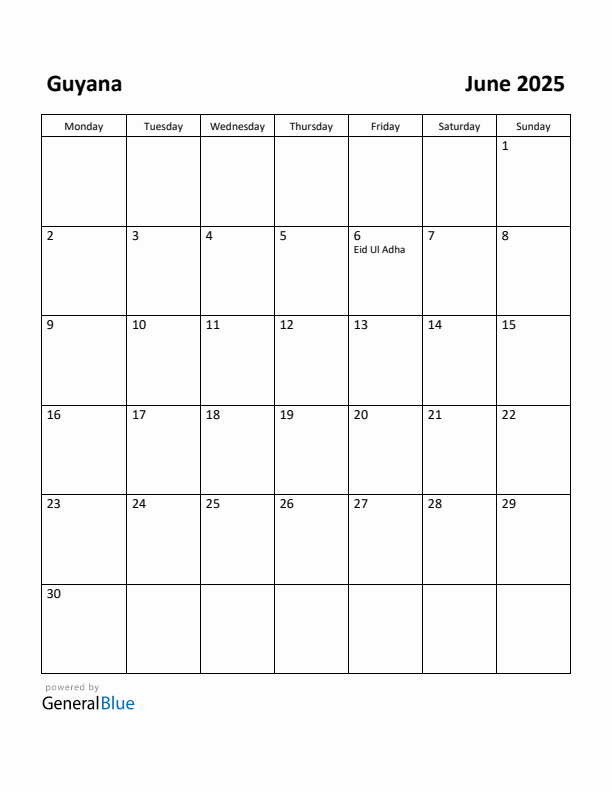 June 2025 Calendar with Guyana Holidays