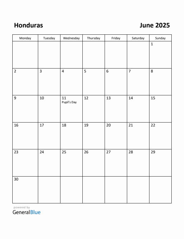 June 2025 Calendar with Honduras Holidays