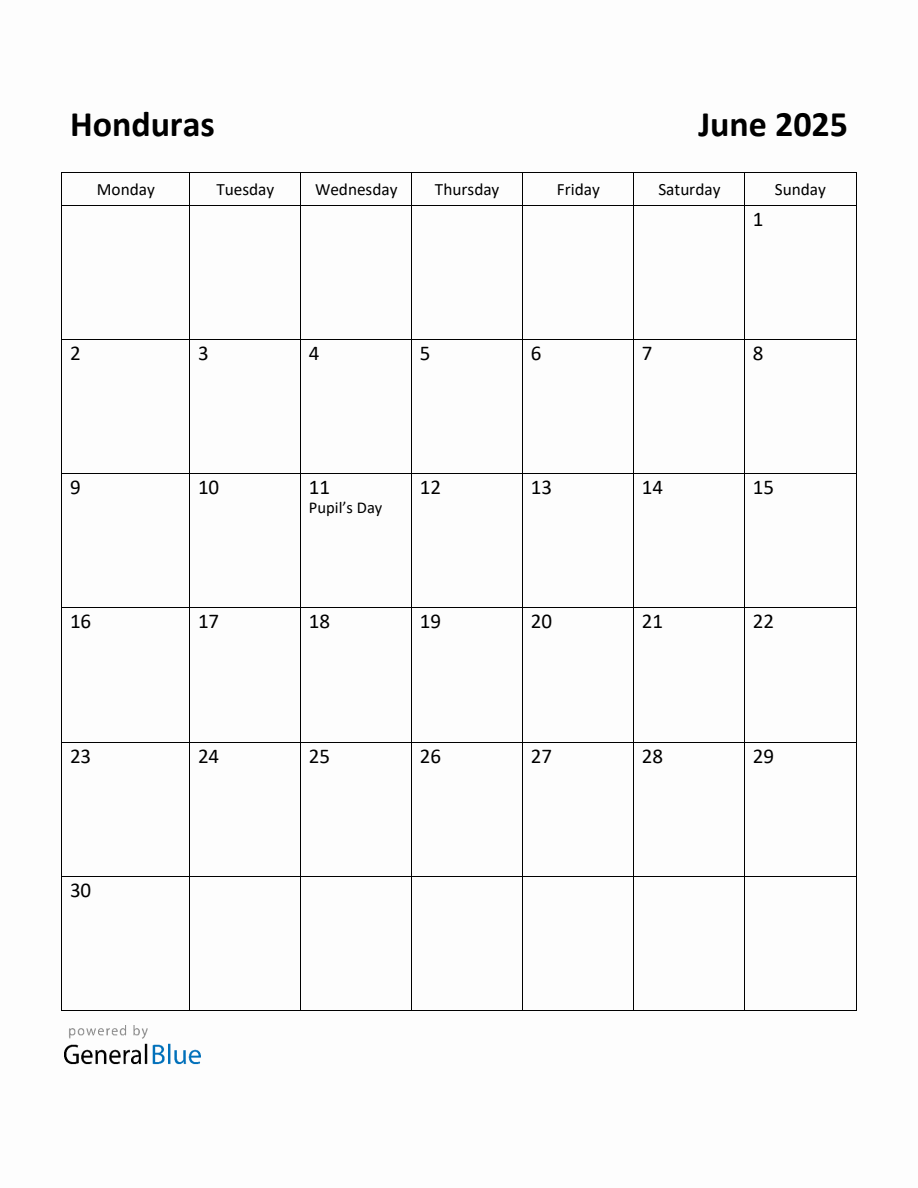 Free Printable June 2025 Calendar for Honduras