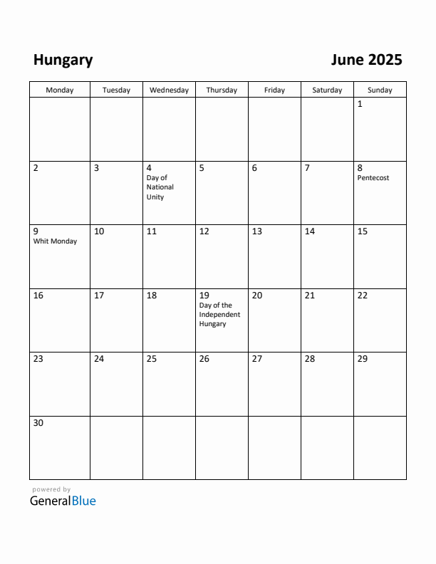 June 2025 Calendar with Hungary Holidays