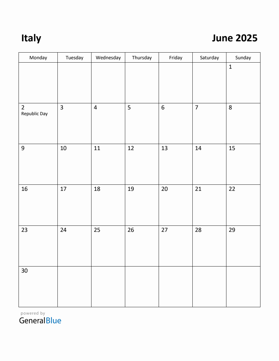 Free Printable June 2025 Calendar for Italy