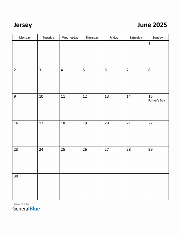 June 2025 Calendar with Jersey Holidays