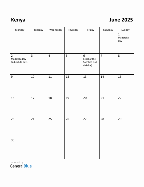 June 2025 Calendar with Kenya Holidays