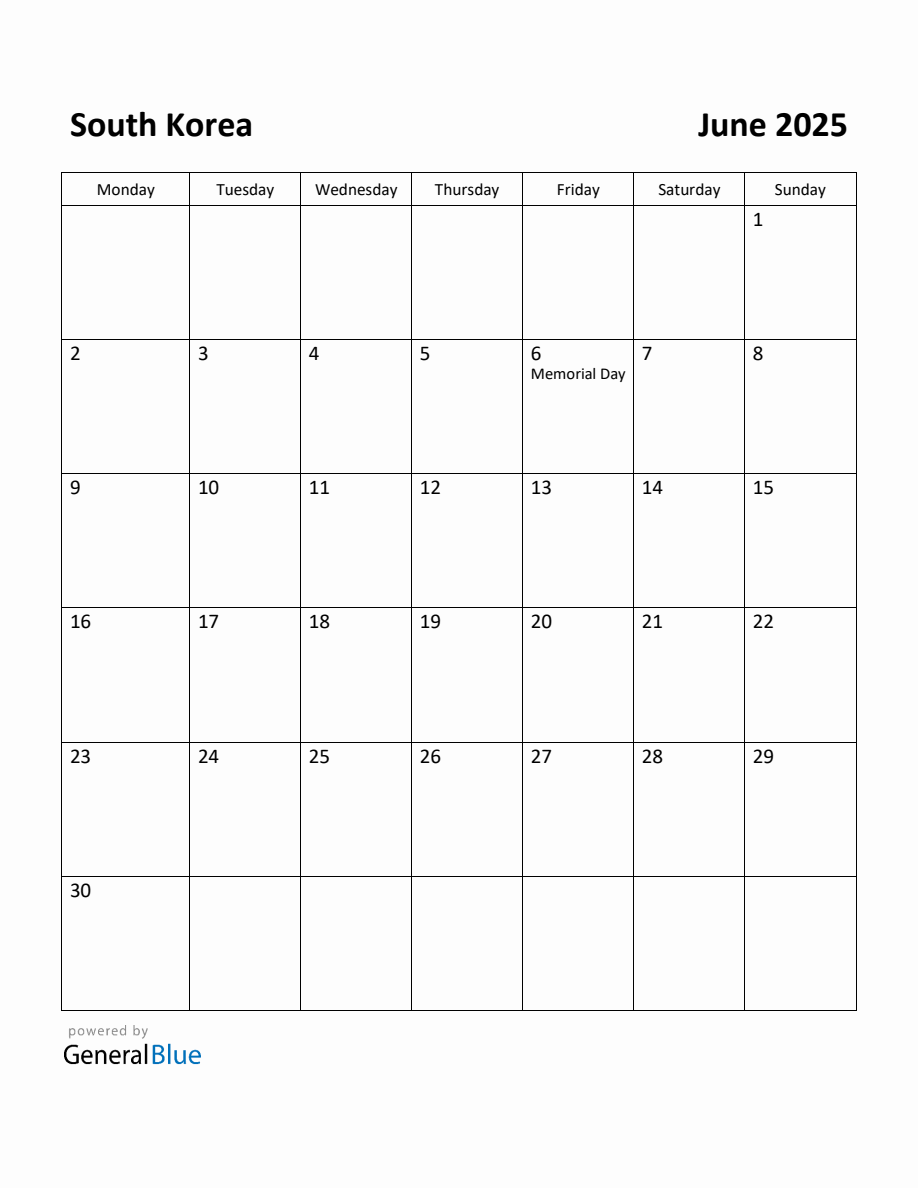 Free Printable June 2025 Calendar for South Korea