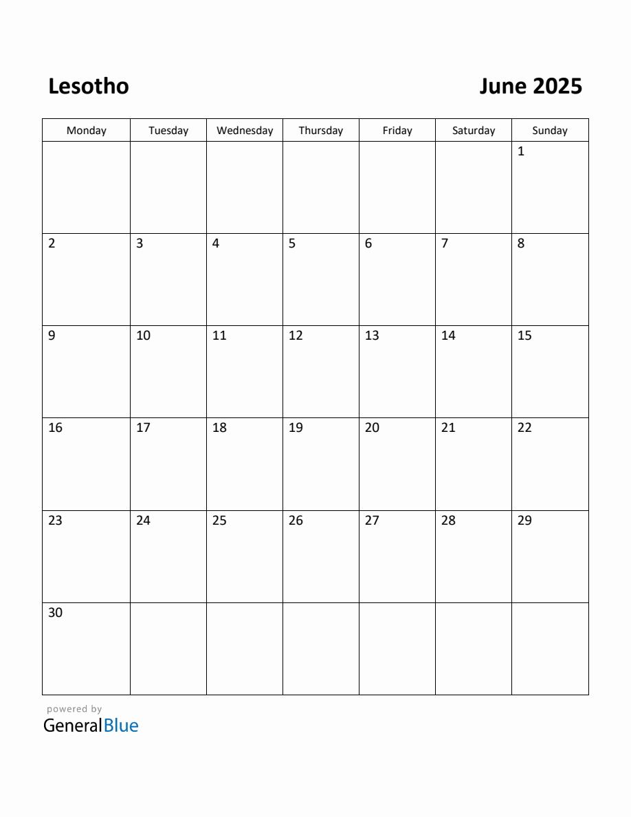 Free Printable June 2025 Calendar for Lesotho