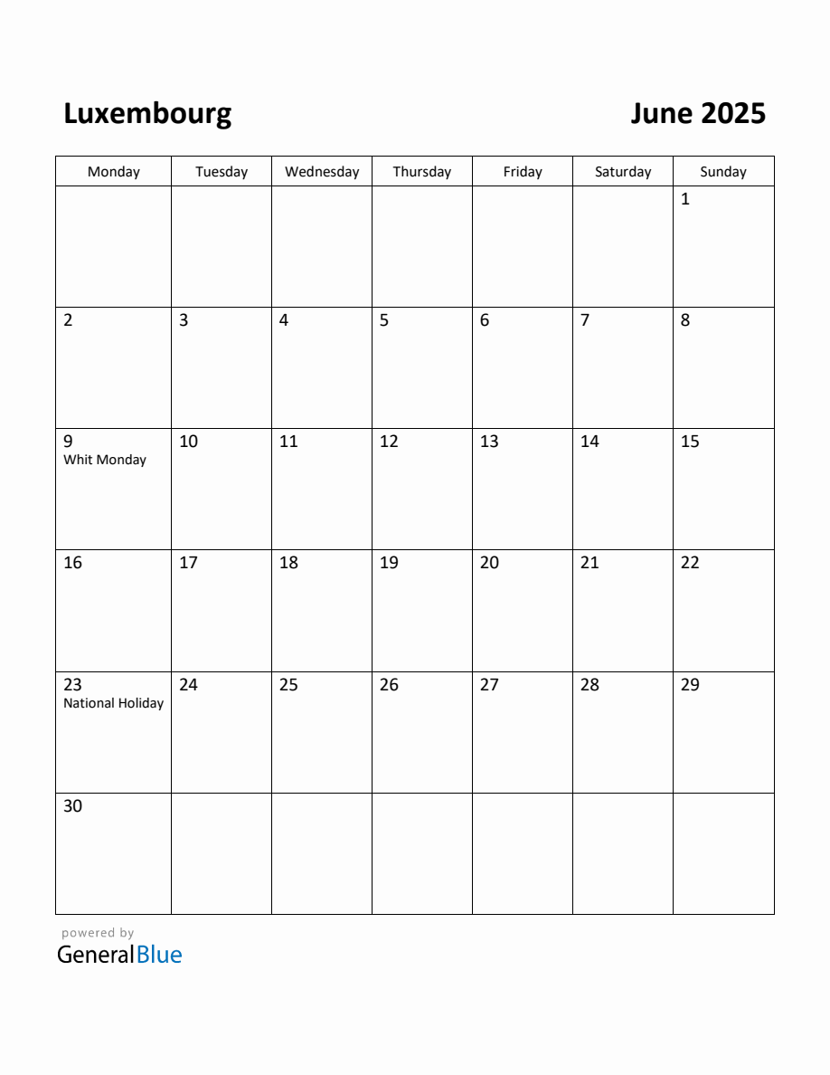 Free Printable June 2025 Calendar for Luxembourg