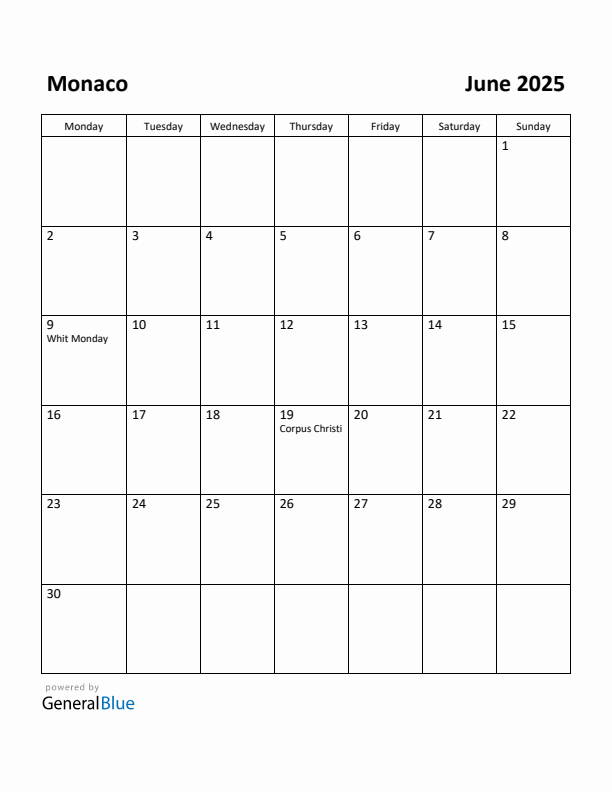 June 2025 Calendar with Monaco Holidays
